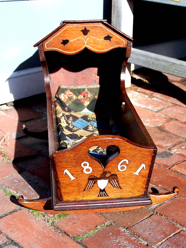 A Fine and Rare 19th century ANTIQUE SCRIMSHAW Sailor-made Child's or Doll's Cradle with whalebone inlays and dated 1861. — image 2